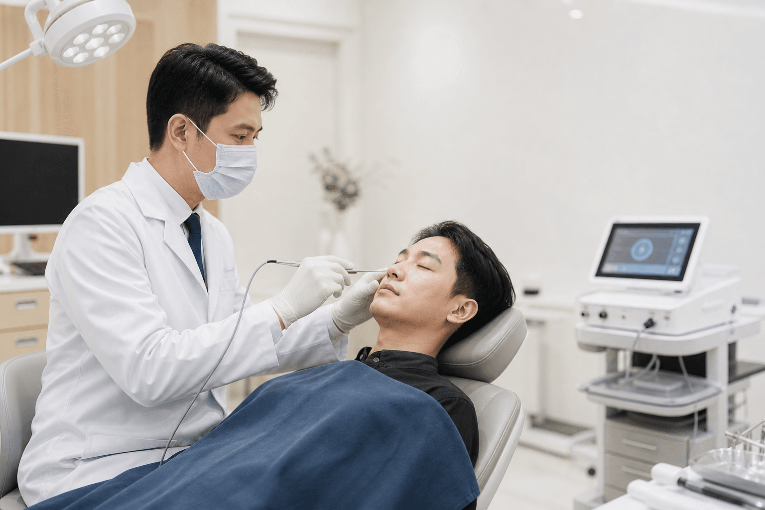 ENT specialist performing a radiofrequency procedure in a clean, modern procedure room
