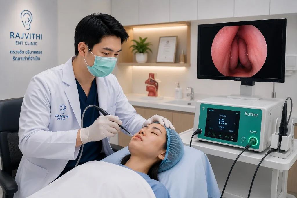 Radiofrequency Turbinate Reduction (RF Turbinoplasty) ENT specialist performing nasal radiofrequency (inferior turbinate / RF Turbinoplasty) for selected patients at RAJVITHI CLINIC.